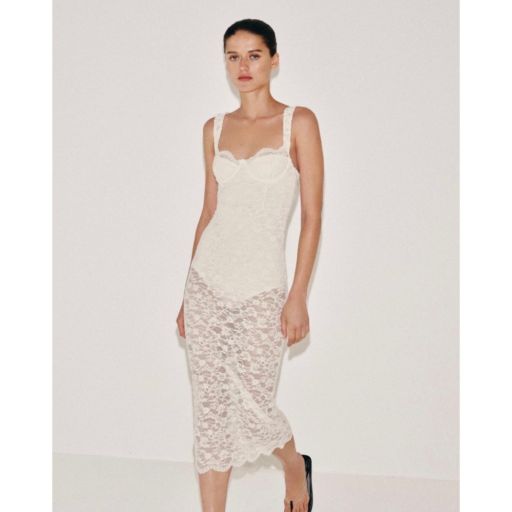 Zara Lace Bodysuit Midi Dress Cream Corset Sheer Romantic CottageCore Coquette S